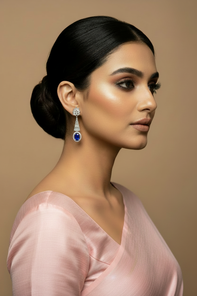 Indian Model with Blue Sapphire Earrings – Light Pink Saree