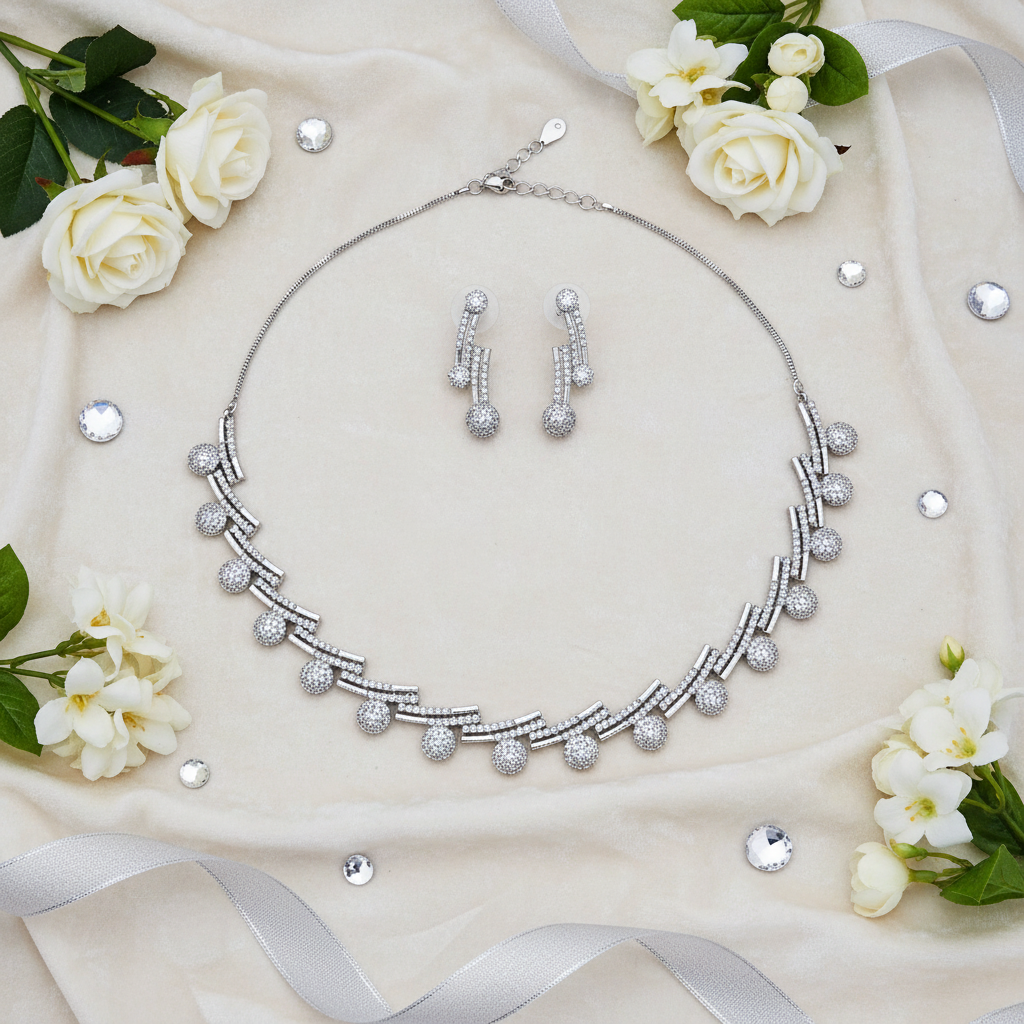 Silver diamond ball drop necklace set