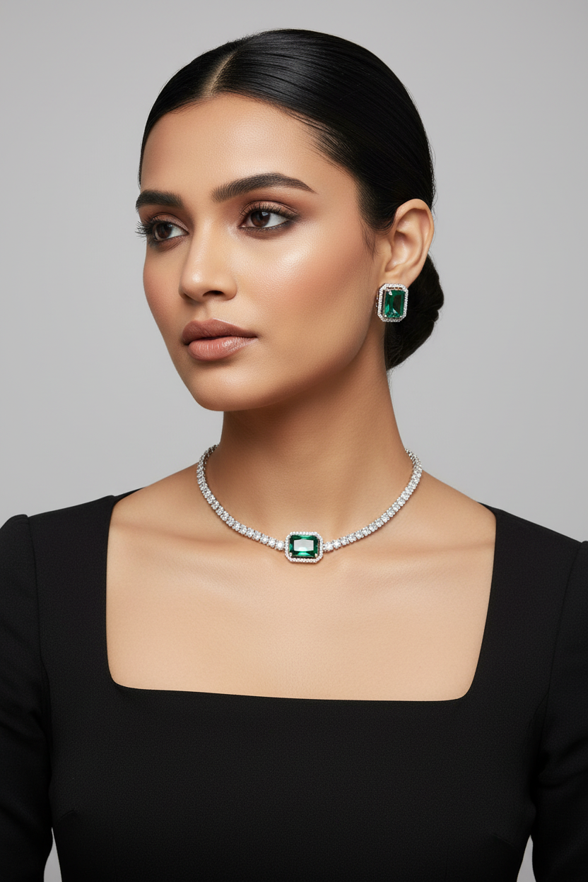 Stunning Model Wearing Emerald Green Diamond Tennis Necklace Set in Black Dress Studio Portrait