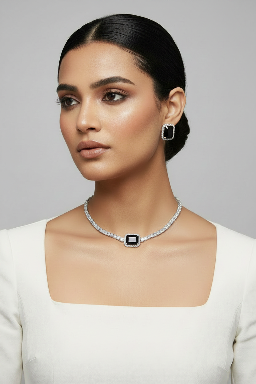 Stunning Model Wearing Pure Black Onyx Diamond Tennis Necklace Set in White Dress Studio Portrait