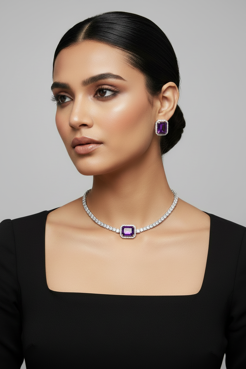 Stunning Model Wearing Purple Amethyst Diamond Tennis Necklace Set in Black Dress Studio Portrait