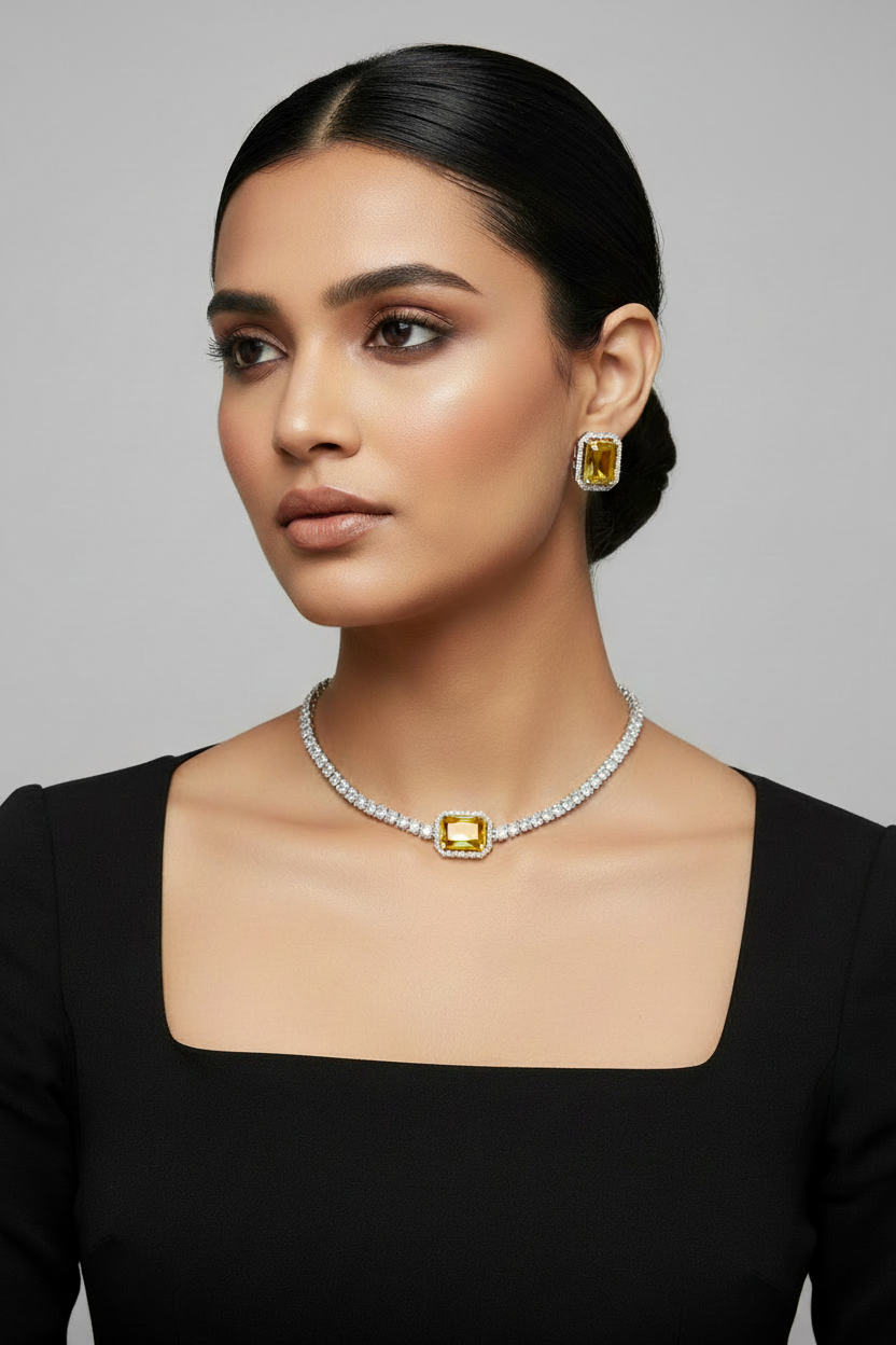 Stunning Model Wearing Vivid Yellow Citrine Diamond Tennis Necklace Set in Black Dress Studio Portrait