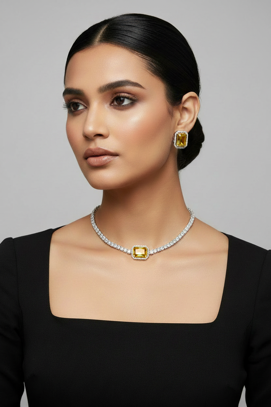 Stunning Model Wearing Vivid Yellow Citrine Diamond Tennis Necklace Set in Black Dress Studio Portrait